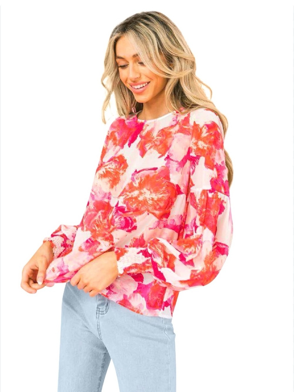 Flying Tomato Pink and Coral Floral Balloon-Sleeve Blouse